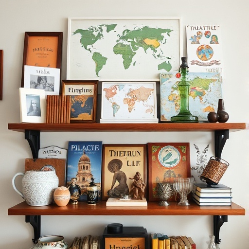 shelf with travel souvenirs and artifacts