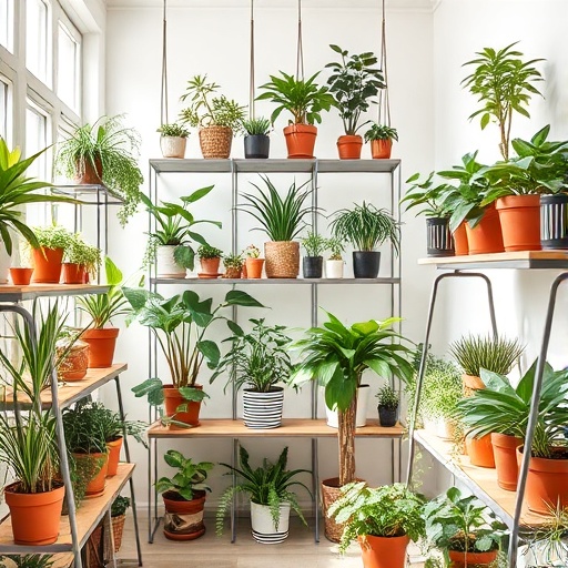 room with indoor plants on shelves