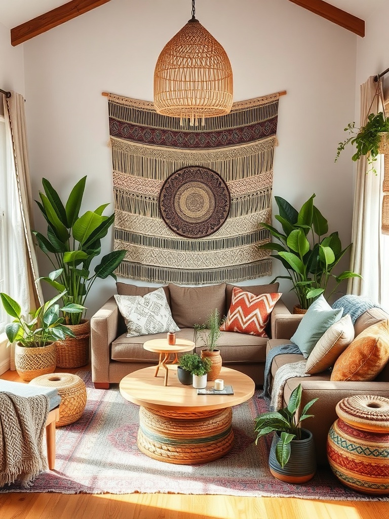 bohemian style living room with plants and textiles