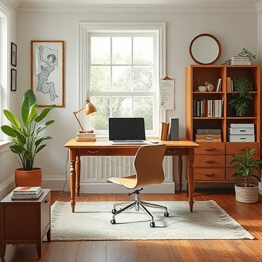 home office with vintage desk and modern technology