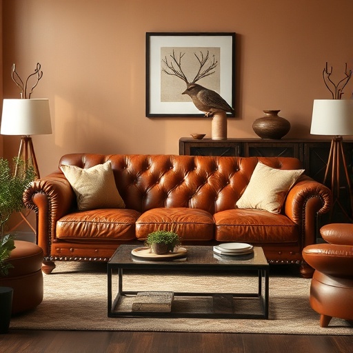 brown leather sofa in a cozy setting