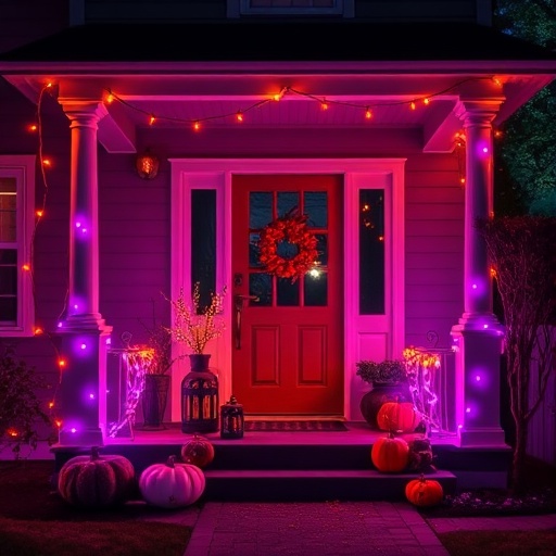 Halloween porch with string lights