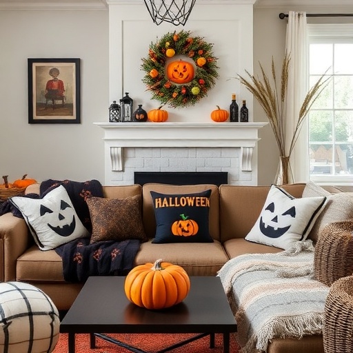 Halloween pillows on a couch