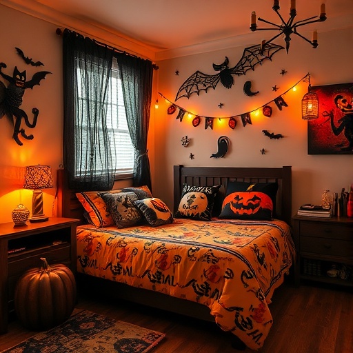 Halloween bedding in a bedroom