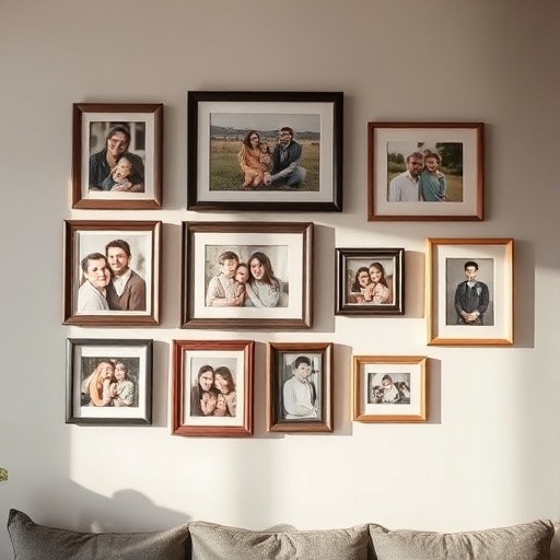 Gallery wall with framed family photos