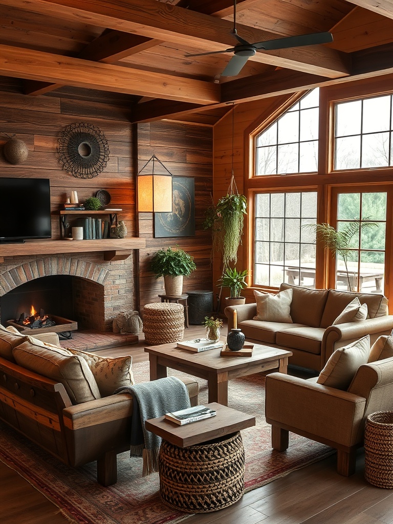 Cozy living room with reclaimed wood furniture