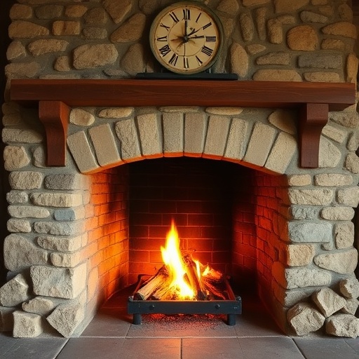 Rustic stone fireplace with a warm fire