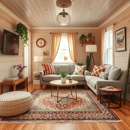 tiny home living area with area rug