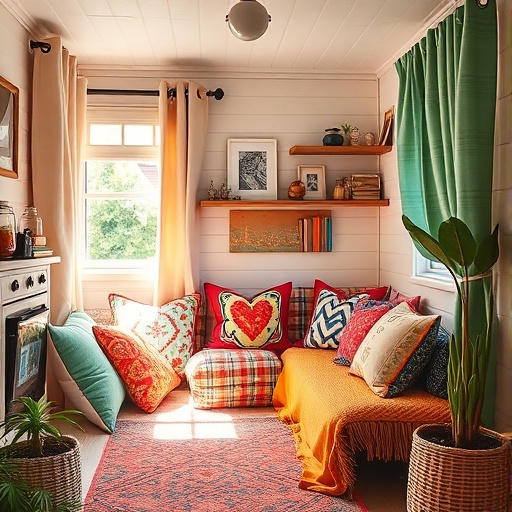 tiny home with colorful textiles