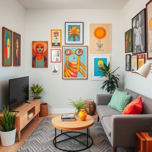 tiny home with colorful wall art