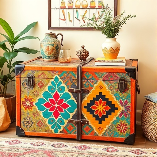 bohemian trunk in a colorful room
