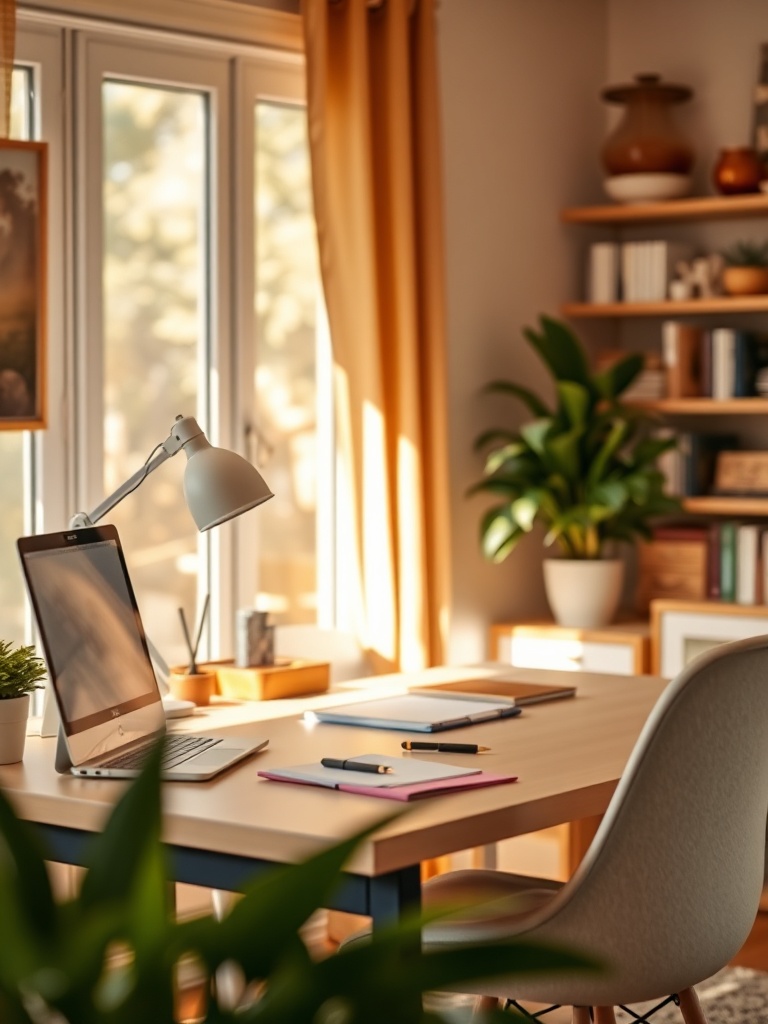 cozy home office setup with warm colors