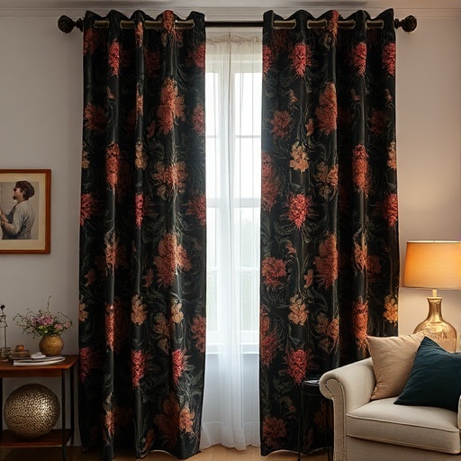 dark floral curtains in a cozy setting