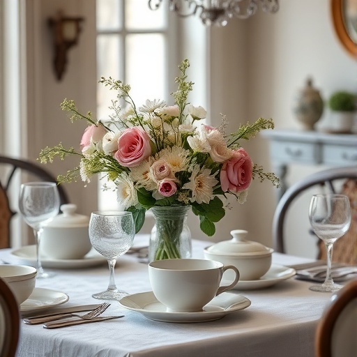 elegant dining table with flowers and vintage dishware