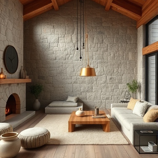 interior with wood and stone materials