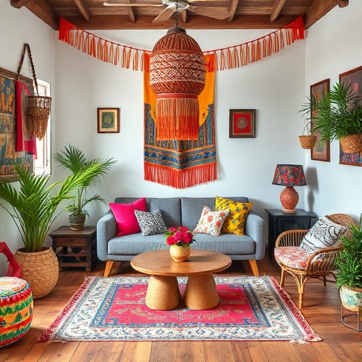 bohemian-themed room with colorful decor