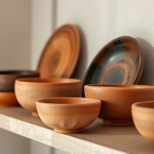 decorative clay bowls on shelf