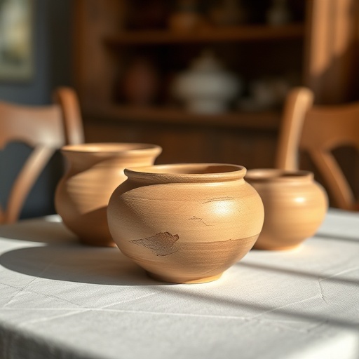 handmade clay tableware on dining table