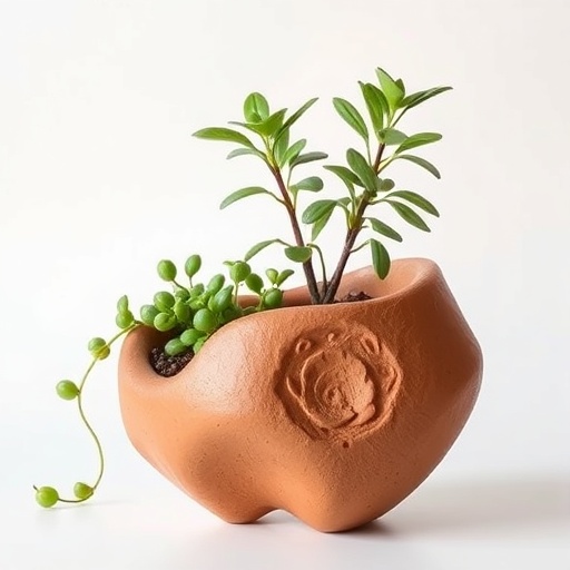 sculptural clay planter with plant