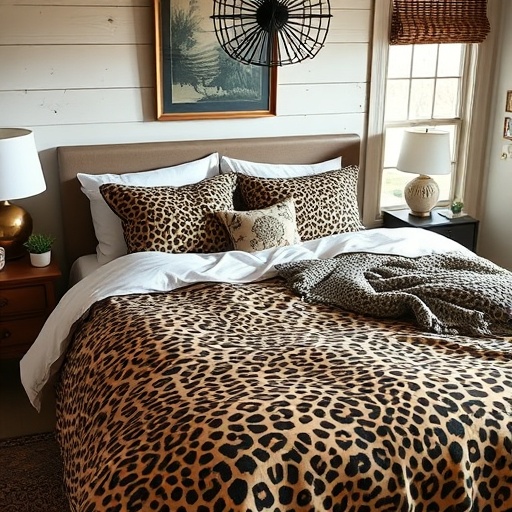bedroom with leopard print bedding