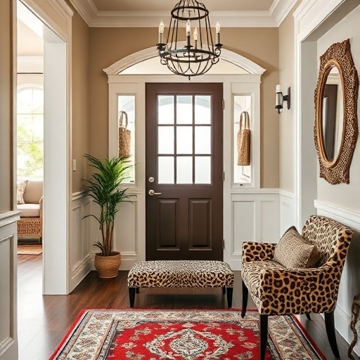 entryway with leopard print bench