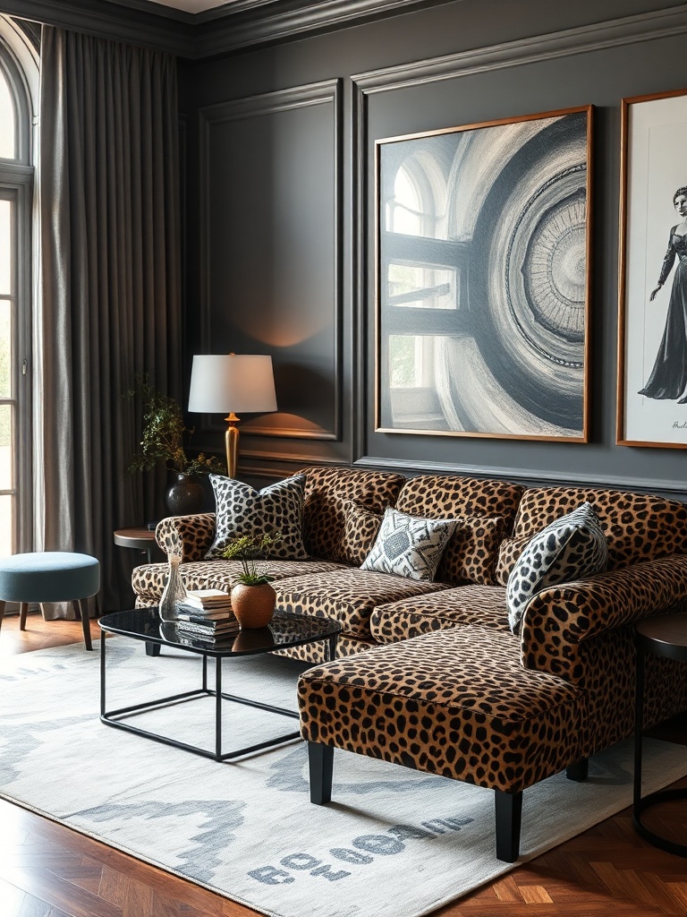 living room with leopard print sofa