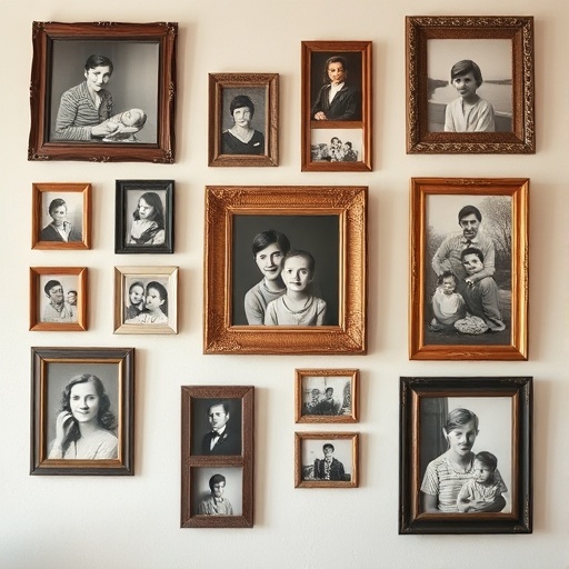 wall with family photos in vintage frames