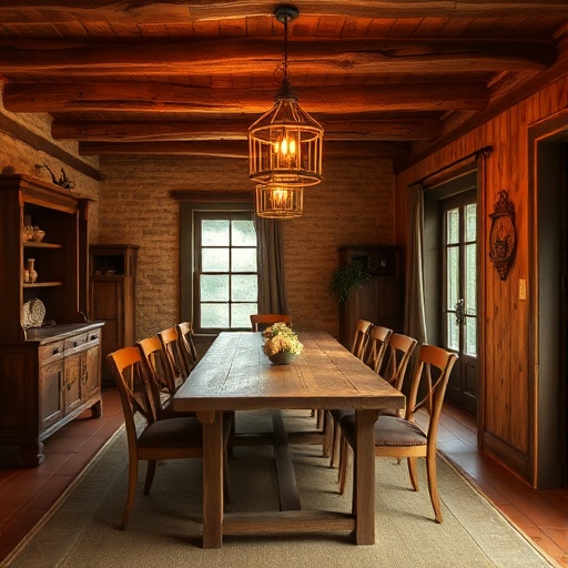 rustic dining area with warm lighting