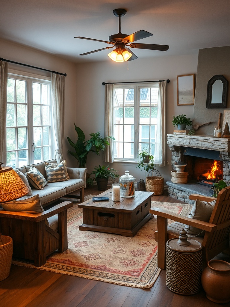 cozy living room with reclaimed wood furniture