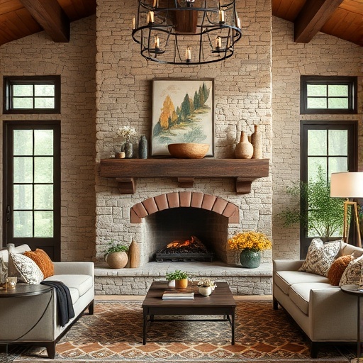 rustic stone fireplace in living room
