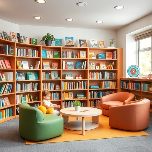 children's reading area with colorful bookshelves