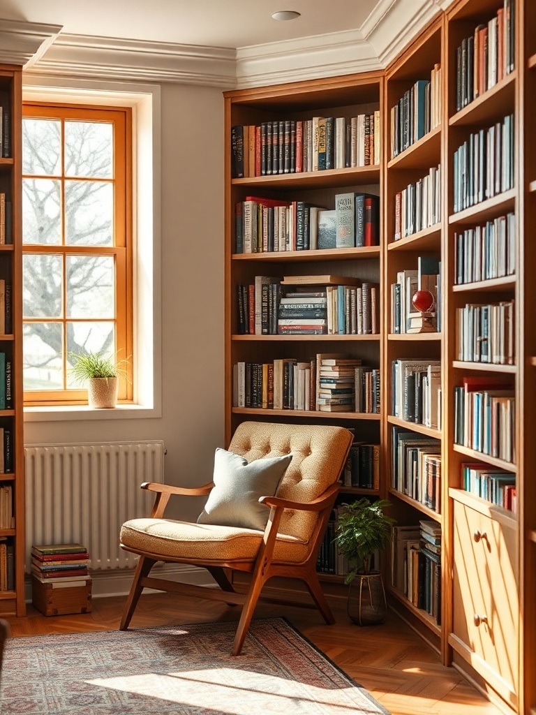 cozy home library with bookshelves and a reading chair