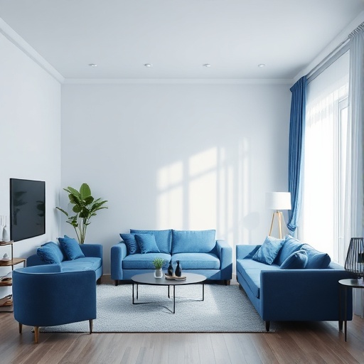 living room with monochromatic blue shades