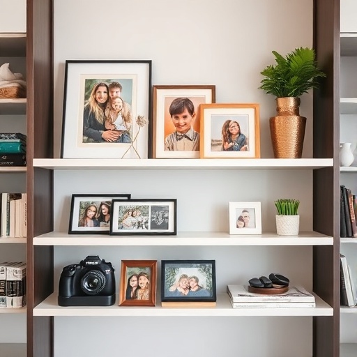 shelf with family photos and personal decor