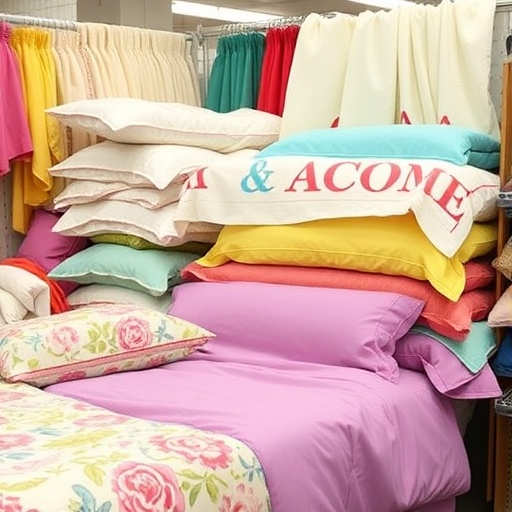 Colorful bedding and linens in a thrift store
