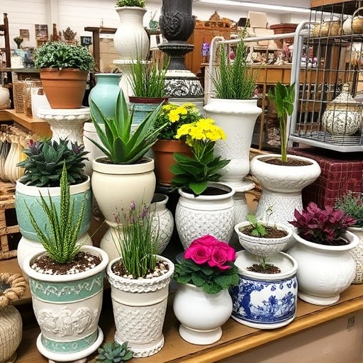 Decorative planters in a thrift store