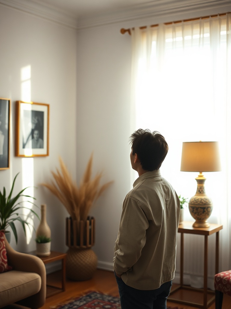 person evaluating home decor in a bright room