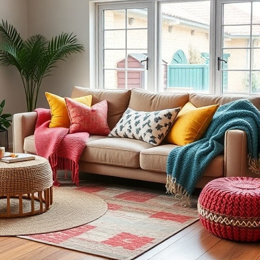 colorful cushions and throws in a cozy living room