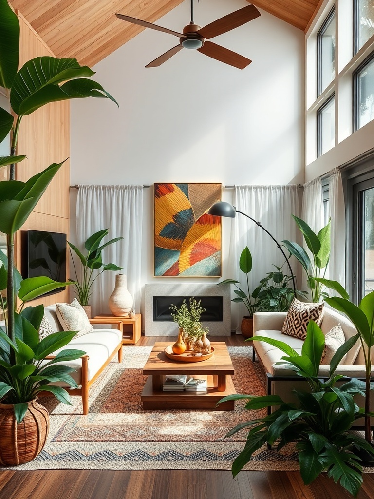 tropical living room with plants and natural decor