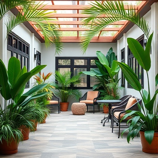 outdoor patio with tropical plants and seating