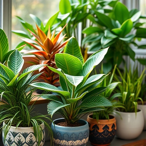variety of tropical plants in decorative pots
