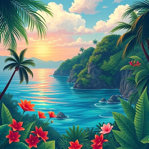 tropical artwork with lush landscapes