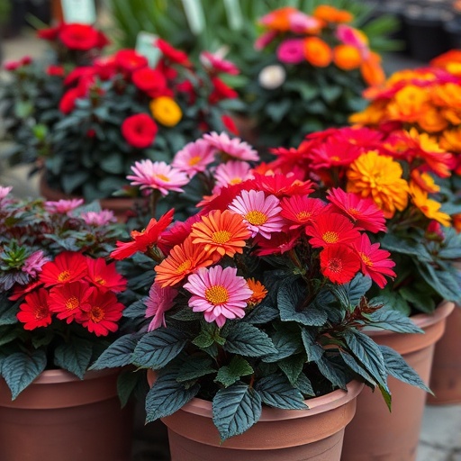 Colorful blooms and dark foliage plants in planters
