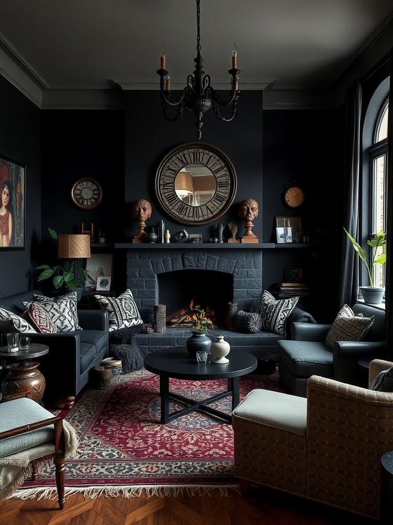 Gothic Boho living room with dark colors and eclectic decor
