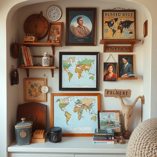 Personal artifacts and travel souvenirs displayed