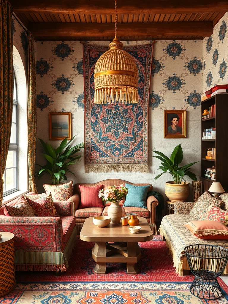 bohemian chic interior with vibrant colors