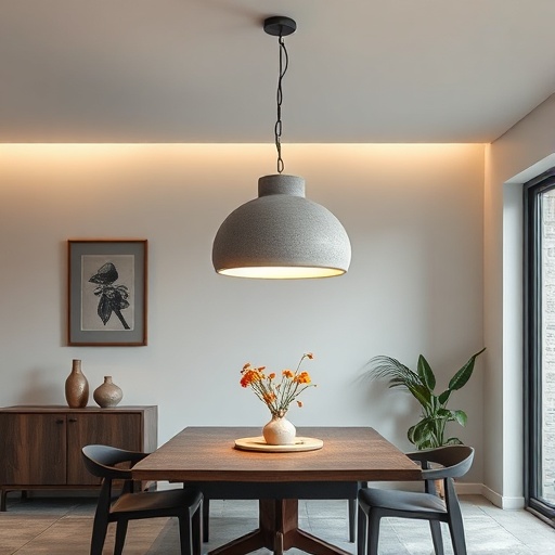 concrete pendant light in dining area
