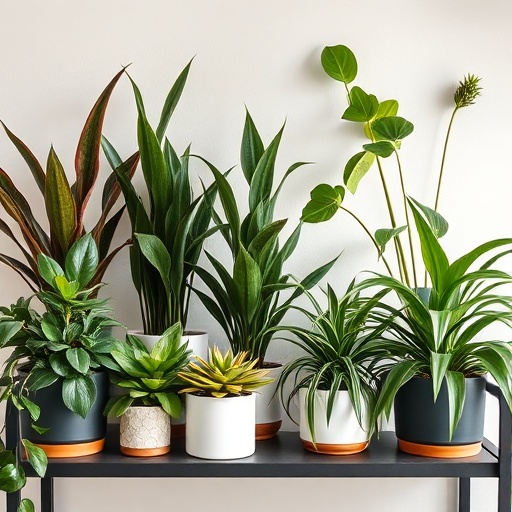 shelf with various houseplants arranged decoratively