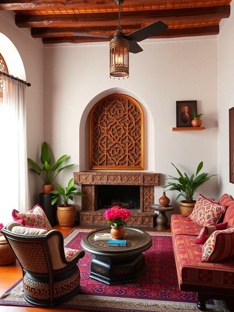 cozy Moroccan living room with vibrant decor
