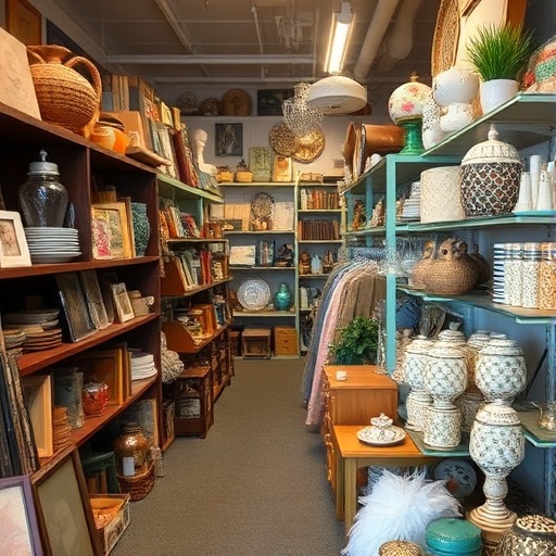 thrift store aisle with vintage items